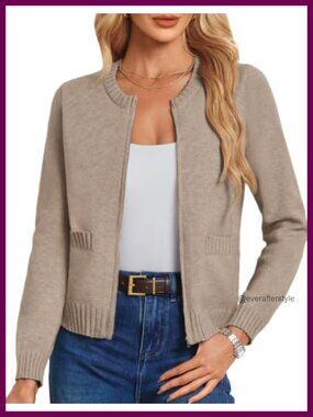 Cropped Zip Up Cardigan Ribbed Knit Sweater Crew Neck